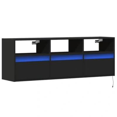 Image of vidaXL TV Wall Cabinet with LED Lights Floating Black Unit, Space Saving Engineered Wood Entertainment Center, 3 Drawers &amp; Compartments