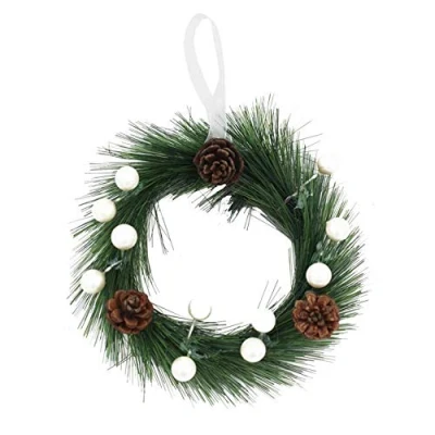 Image of Davies Christmas 18cm Mini Hanging Door Wreath with White Berries and Pine Cones