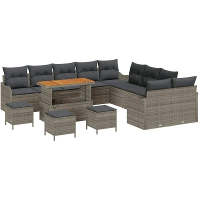 Image of vidaXL 14 Piece Garden Sofa Set with Cushions Grey Poly Rattan Acacia