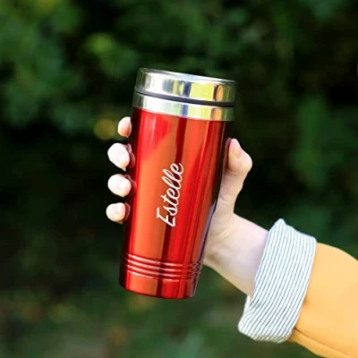 Image of eBuyGB Personalised Insulated Travel Mug, Double Walled 450ml Reusable Drinks Flask, Cup, Stainless Steel Tea/Coffee Cup (Red)