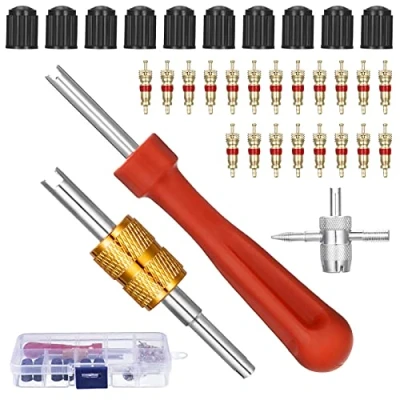 Image of tonyg p tyre valve remover repair with double and single head core, 1 x 4 way core tool, 10 caps, 20