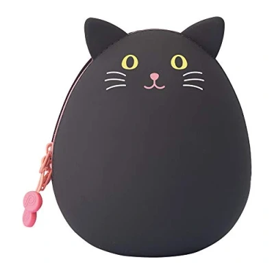 Image of LIHITLAB PuniLabo Zipper Pouch, Egg Shaped, 3.8&quot; x 4.7&quot;, Black Cat (A7783 3)