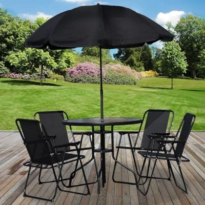 Image of Garden mile 6 Piece Patio Furniture Sets with Round Glass Top Table and Folding 4 Chairs Parasol Umbrella Balcony Bistro for Outdoor