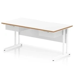 Image of Oslo 1600 x 800mm Edge Office Desk White Top Natural Wood Cantilever Leg Workstation 2 1 Drawer Fixed Pedestal