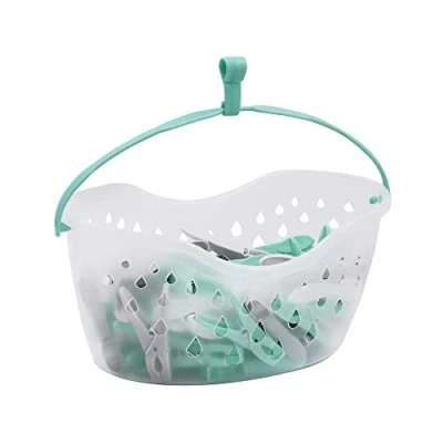 Image of JVL Strong hanging 36 plastic clothes pegs with clear basket and hook, Aqua, Grey, White, One Size, (19 290)