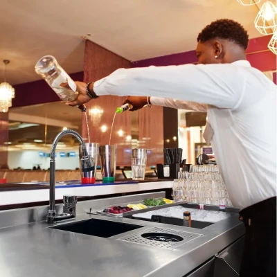 Image of Deluxe Cocktail Bar Station Stainless Steel Insulated Ice Well FREE Standing Workstation 3 shelves Sink 360 Degree Swivel Mixer Tap Speed Rail Drink Refresher Drip Tray Gastro Pots Boston Shaker