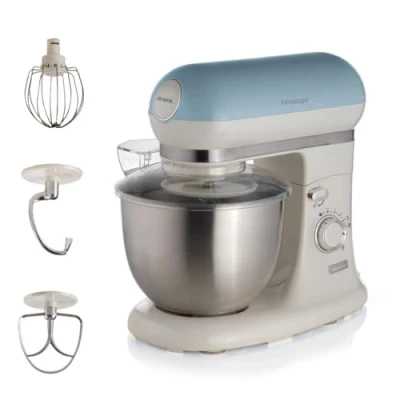 Image of Ariete Vintage 8805 Stand Mixer Food Processor, 1200W, 5.5 Litre Stainless Steel Bowl, Planetary Motion, 7 Speeds + Pulse, Anti Splash Cover, Blue
