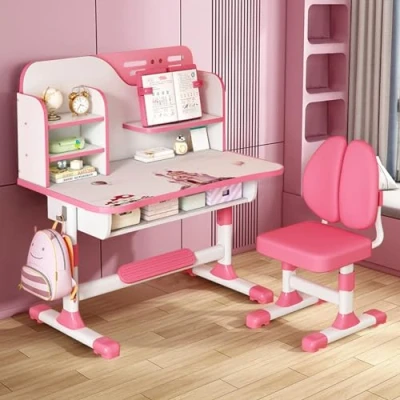 Image of tinysiry Kids Study Desk and Chair Set,Height Adjustable Children School Table with Large Writing Board&amp;Bookshelf&amp;Drawer,Ergonomic Astronaut Pattern Pink