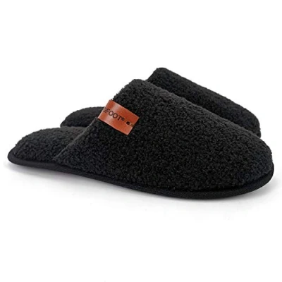 Image of ofoot Mens Comfortable Warm Soft Fuzzy House Slippers Mules,Faux Fur Wool Fleece Lining Memory Foam Insole Non Slip Rubber Soles(Black, 8/9 UK)