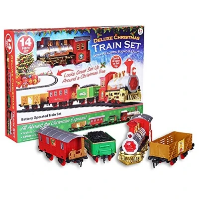Image of ASAB Deluxe 14pc Christmas Train Set Festive Express Easy Click Track Battery Powered Locomotive With Realistic Sounds And Lights Xmas Tree Decoration