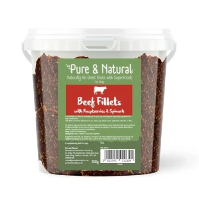 Image of Pure &amp; Natural Superfoods Air Dried Beef Fillets Treats with Raspberries Spinach Healthy Dog Chews and Nutrition Tub 500g