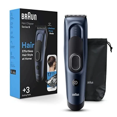 Image of Braun Hair Clippers Series 5 5350, for Men, Clip from Home with 17 Length Settings, Incl. Memory SafetyLock Recall Setting, Ultra Sharp Blades, 2 Combs, Pouch, Washable