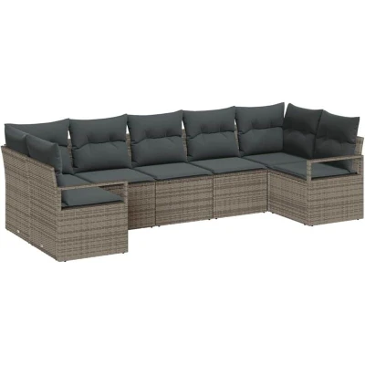 Image of vidaXL 7 Piece Garden Sofa Set with Cushions Grey Poly Rattan