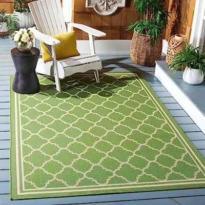 Image of SAFAVIEH Trellis Rug for Indoor &amp; Outdoor Courtyard Collection, Short Pile, in Green and Beige color, 79 X 152 cm