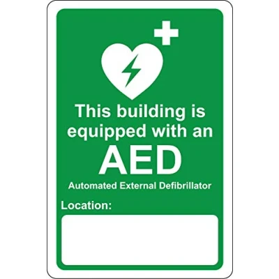 Image of This building is equipped with an AED automated external defibrillator and located at Safety sign 1.2mm Rigid plastic 300mm x 200mm