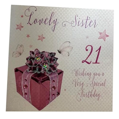 Image of white cotton cards Pink Present, Lovely Sister 21 Wishing You A Special Handmade 21st Birthday Card, White, WB190