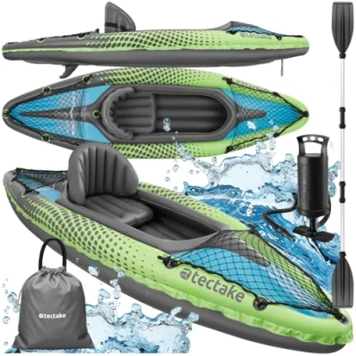 Image of tectake® Inflatable Kayak with Durable PVC Material, Aluminium Double Paddle, 1 Removable Seat, 2 Attachable Fins &amp; Storage Nets Single Seater Set Incl. Air Pump, Carry Bag Repair Kit