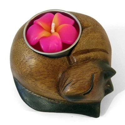 Image of Handcrafted Wooden Curled Cat Tealight Holder with A Flower Shaped