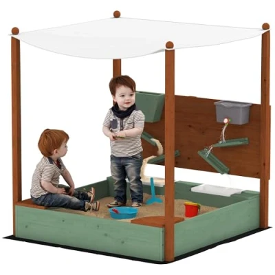 Image of AIYAPLAY Wood Sandpit for Kids 3 6 Years, Wooden Outdoor Sandbox with Canopy Garden, Beach, 2 Storage Bins, Funnel, Liner, Chutes, Bucket Tap, 116 x 112.5 128 cm, Green