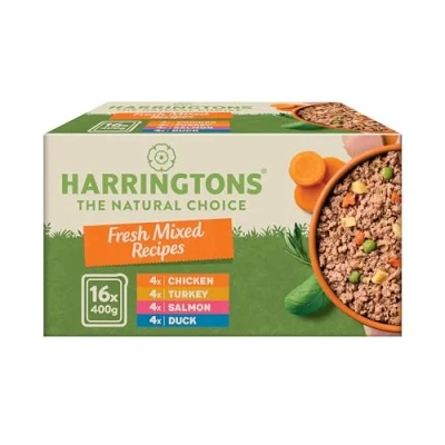 Image of Harringtons Complete Wet Tray Grain Free Hypoallergenic Adult Dog Food Mixed Bumper Pack 16x400g Chicken, Salmon, Turkey &amp; Duck Made with All Natural Ingredients