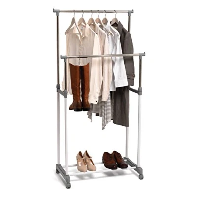 Image of Domopak Double Adjustable Mobile Clothes Garment Hanging Rail With Wheels(Silver, White, Grey)