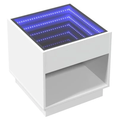 Image of vidaXL Coffee Table with Infinity LED Modern White Engineered Wood Base and RGB Lights for Living Room, Bedroom, or Hallway Dimensions: 50x50x50 cm