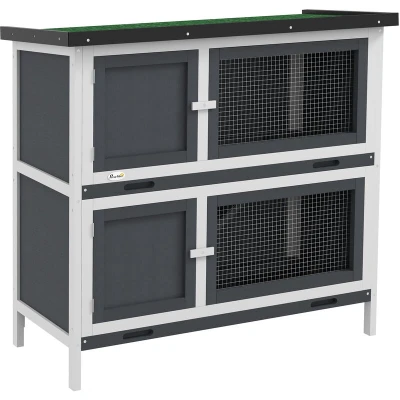 Image of PawHut Double Decker Rabbit Hutch Bunny Cage Pet House Outdoor with Tray Grey D51 123V00GY