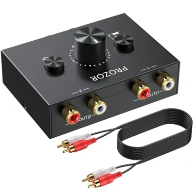 Image of PROZOR RCA Audio Switcher 2(1) In 1(2) Out Bidirectional Speaker Switch Box with Volume Control Mute Button and No External Power Required