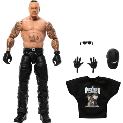 Image of Mattel WWE Elite Action Figure &amp; Accessories, 6 inch Collectible Undertaker with 25 Articulation Points, Life Like Look Swappable Hands, HTX37