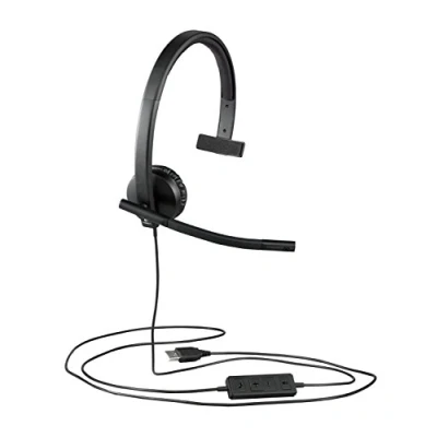 Image of Logitech H570e Wired Headset, Mono Headphones with Noise Cancelling Microphone, USB, In Line Controls Mute Button, Indicator LED, PC/Mac/Laptop Black
