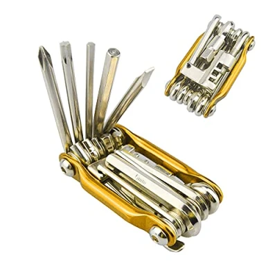 Image of QitinDasen Premium 11 in 1 Multifunctional Bike Repair Tool, Portable Foldable Bicycle Mini Stainless Steel &amp; Maintenance Tool Kit (Golden)