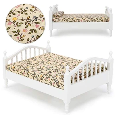 Image of Tnfeeon 1:12 Dollhouse Decoration, Kids Doll House Miniature Bedroom Single Bed with Mattress Wooden Mini Model Set Accessory(Bed)