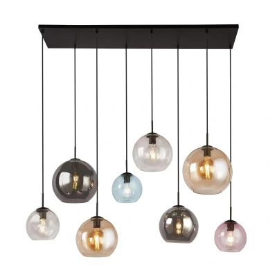 Image of Mardi Gras 8 Light Bar Pendant Matt Black, Multi Colour Glass Shades