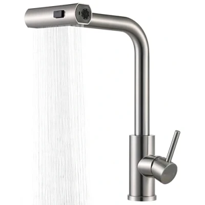 Image of Peppermint Waterfall Kitchen Tap Brushed Steel Taps Mixer with Pull out Spray Single Lever Sink 3 Function Stainless 1 Hole 360 Swivel Faucet