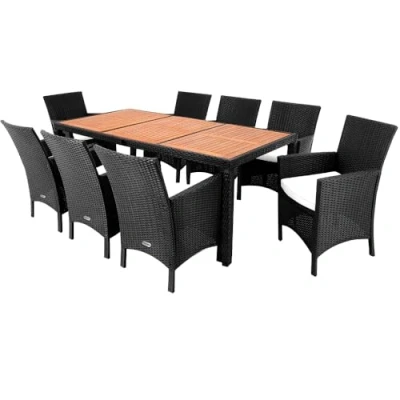 Image of CASARIA® Poly Rattan Garden Furniture Dining Table and Chairs Set 190x90cm Cushions Included Rectangular 8 Seater Patio Seating Outdoor Conservatory Brown &amp; Acacia Wood