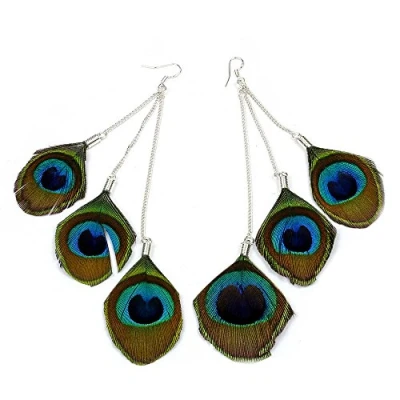 Image of RUNHENG Handmade Feather Peacock Pendant Long Earrings on Silver Hook, Vintage Drop