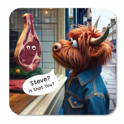 Image of Huxters Birthday Coasters for Him and Her Cow Versus Steak Friend Husband Coaster Men Women Funny Mum Dad Sister Brother Uncle 9cm