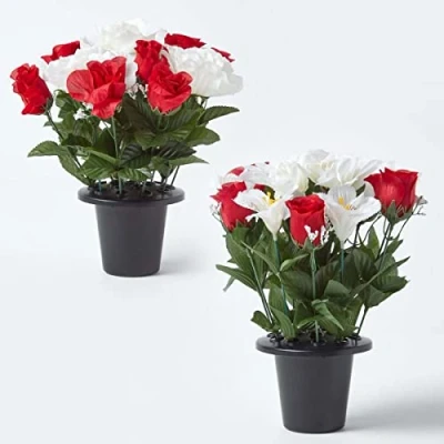 Image of HOMESCAPES Set of 2 Artificial Grave Vases with Red &amp; White Peony Rose Faux Flowers in Black Pot, 30 cm