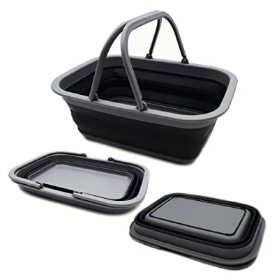 Image of SAMMART 9.2L Collapsible Tub with Handle Portable Outdoor Picnic Basket/Crater Foldable Shopping Bag Space Saving Storage Container (Grey/Black, 1)