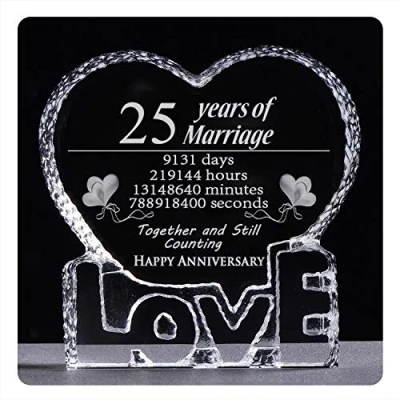 Image of 25th Silver Wedding Anniversary Romantic Gifts for Wife Couple Husband 25 Year Marriage Crystal Present Her Him Paperweight Keepsake (25 Years)