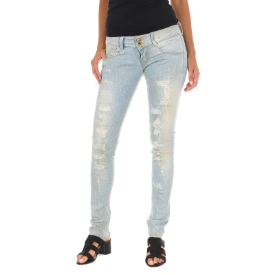 Image of Met Womens Long Denim Pants worn and torn effect 10DB50305 woman Blue Cotton Size 25 (Waist)