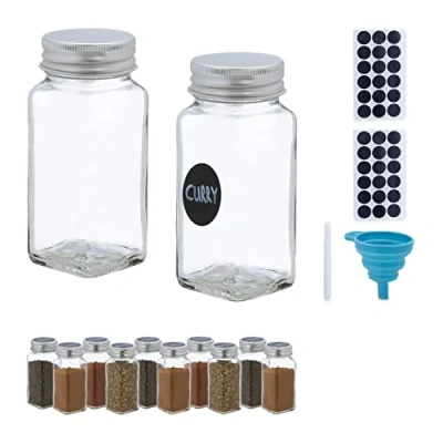 Image of Relaxdays Spice Jars, Set of 12, Sprinkling Insert, Glass Herb Containers, 120 ml, Labels, Pen &amp; Funnel, Transparent, 11 x 4.5 cm