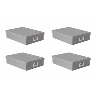 Image of OSCO Grey Faux Leather A4 Box with Lid 4 Pack Filing Paperwork Organiser Document Storage H8.5 x W25 D33.5 cm