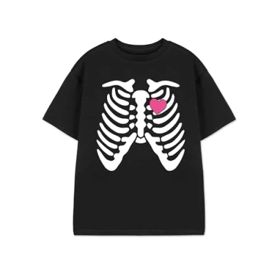 Image of Vanilla Underground Girls Black Ribcage T Shirt Graphic Tee Short Sleeve Top for Kids Spooky Merchandise Apparel Gift Teen Halloween Fashion Unique Design Boys and