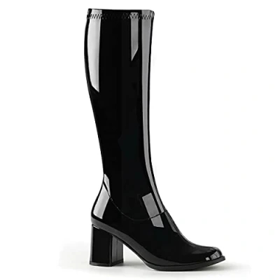 Image of Womens Ladies Mens Knee High Disco Zip Up 60s 70s Party Fancydress Boot 6CM Heel (Black Patent, UK Footwear Size System, Adult, Women, Numeric, Medium, 6)