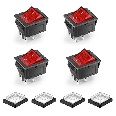 Image of 4 Pcs Waterproof Rocker Switch ON Off Boat Pin Red Light with Cover DPS AC 250V 16A 125V 20A for Electrical Machine Products