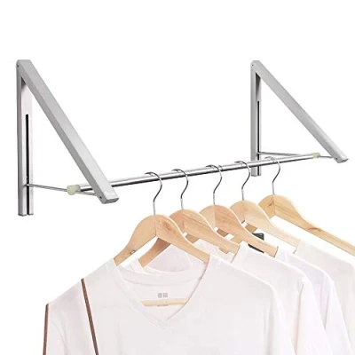 Image of Anjuer Laundry Room Drying Rack Wall Mounted Clothes Hanger Folding Coat Racks Aluminum Home Storage Organiser Space Savers Silver 2 Rakcs with Rod