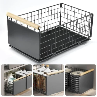 Image of YBCCBY Pull Out Cabinet Organizer, Heavy Duty Shelf Kitchen Storage Drawer with Wooden handles, Extendable Sliding Adhesive Nano Film No Drill (39.5*23.5*19.5cm grey)