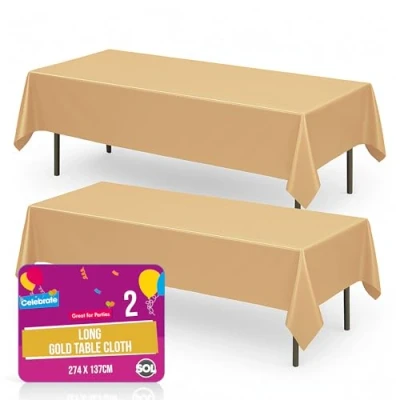 Image of SOL 2pk Long Gold Table Cloth Party 274 x 137cm Plastic Cover Disposable Tablecloths for Parties, Tablecloth