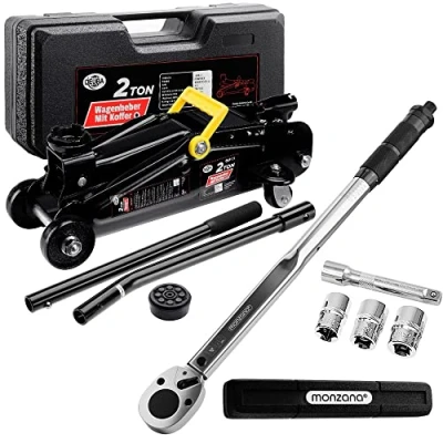 Image of DEUBA® 2t Hydraulic Trolley Jack &amp; Torque Wrench Set 2 Tonne Car 135 330mm With Carry Case Inc. Rubber Pad 6 Piece 1/2&quot; 40 210Nm